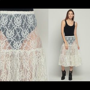 White Lace Skirt 80s Bohemian Crochet Midi SHEER Tiered 70s Vintage Small